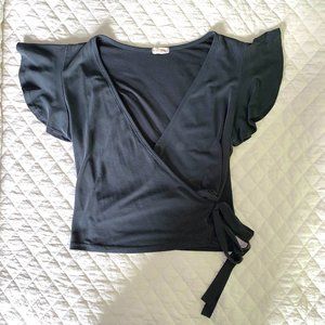 Gray Ruffle Sleeve Wrap Top